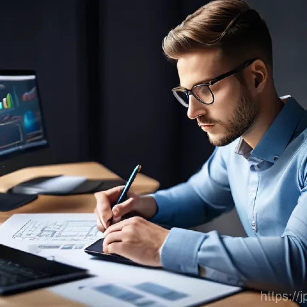전자기기 관련 자격증의 활용 범위 - **Prompt:** A focused young professional, dressed in smart business casual attire, is seated at a mi...