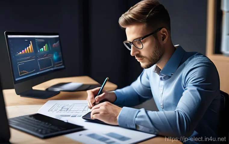 전자기기 관련 자격증의 활용 범위 - **Prompt:** A focused young professional, dressed in smart business casual attire, is seated at a mi...