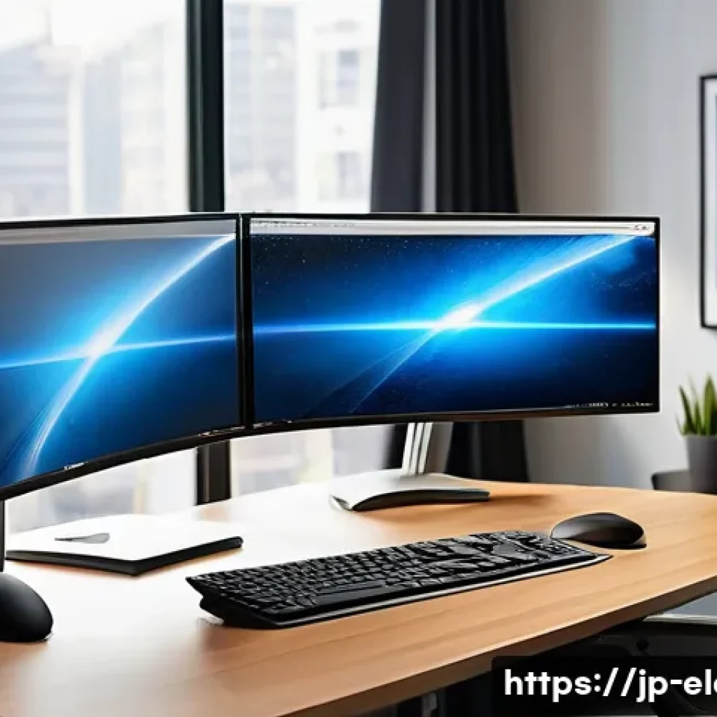 전자기기 업무 환경 개선 방법 - Productive Dual-Monitor Setup**
"A well-lit, modern home office desk. A person (wearing smart casual...