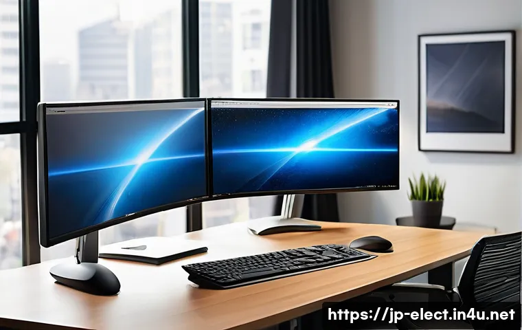 전자기기 업무 환경 개선 방법 - Productive Dual-Monitor Setup**
"A well-lit, modern home office desk. A person (wearing smart casual...