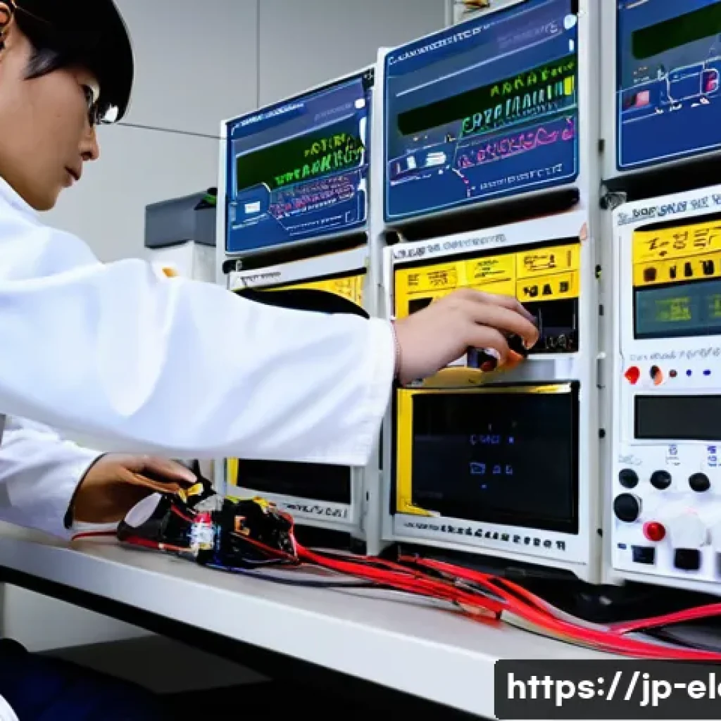 전자기기 실기 시험 주의사항 - A focused scene inside a Japanese electronics testing lab, showing a young professional technician c...