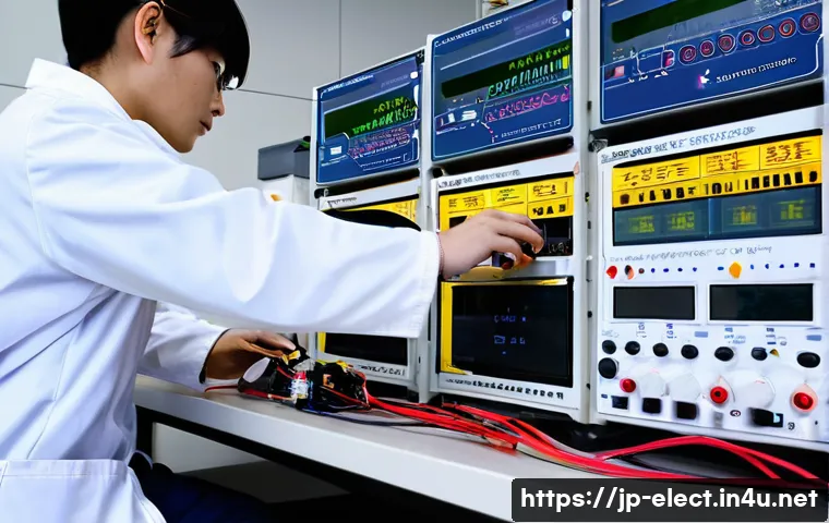 전자기기 실기 시험 주의사항 - A focused scene inside a Japanese electronics testing lab, showing a young professional technician c...