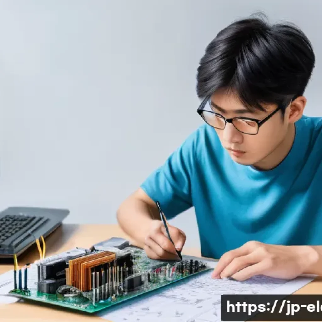 전자기기 자격증 대비 실습 방법 - A focused young Japanese man studying electronics at a desk, carefully examining a detailed circuit ...