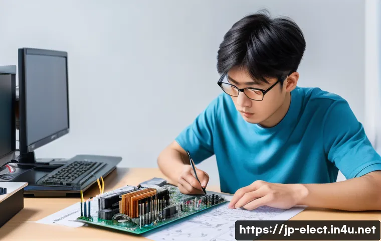 전자기기 자격증 대비 실습 방법 - A focused young Japanese man studying electronics at a desk, carefully examining a detailed circuit ...