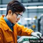 전자기기 취업에 유리한 자격증 순위 - A modern Japanese electronics engineer in a clean, organized workshop, wearing professional work clo...