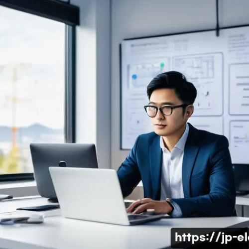 전자기기 관련 면접 질문과 답변 - A modern office scene showing a confident Japanese engineer in their late 20s studying the latest AI...