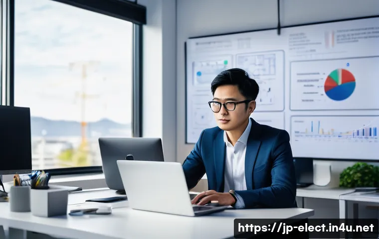 전자기기 관련 면접 질문과 답변 - A modern office scene showing a confident Japanese engineer in their late 20s studying the latest AI...