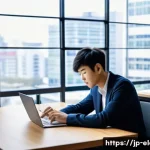 전자기기 자격증 종류와 특징 - A modern Japanese office setting with a focused young professional studying electronic device certif...