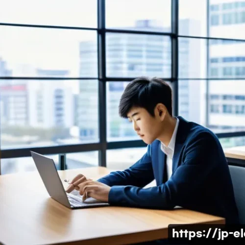 전자기기 자격증 종류와 특징 - A modern Japanese office setting with a focused young professional studying electronic device certif...