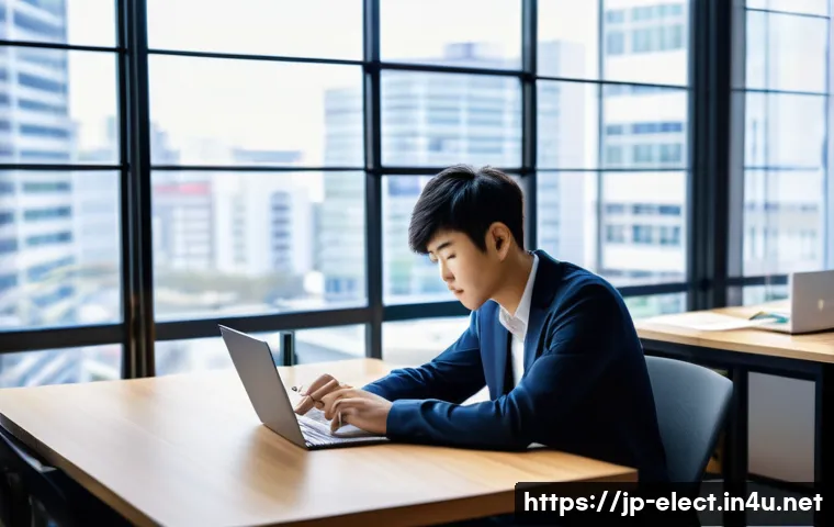 전자기기 자격증 종류와 특징 - A modern Japanese office setting with a focused young professional studying electronic device certif...