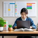 전자기기 자격증 필수 문제집 - A modern Japanese study room scene with a young Japanese adult sitting at a clean desk filled with n...