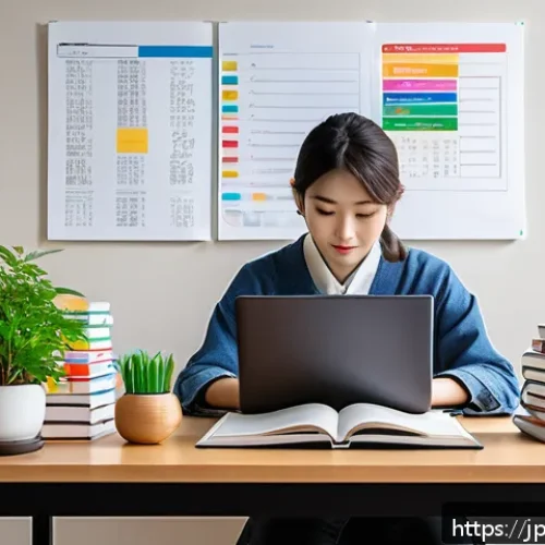 전자기기 자격증 필수 문제집 - A modern Japanese study room scene with a young Japanese adult sitting at a clean desk filled with n...