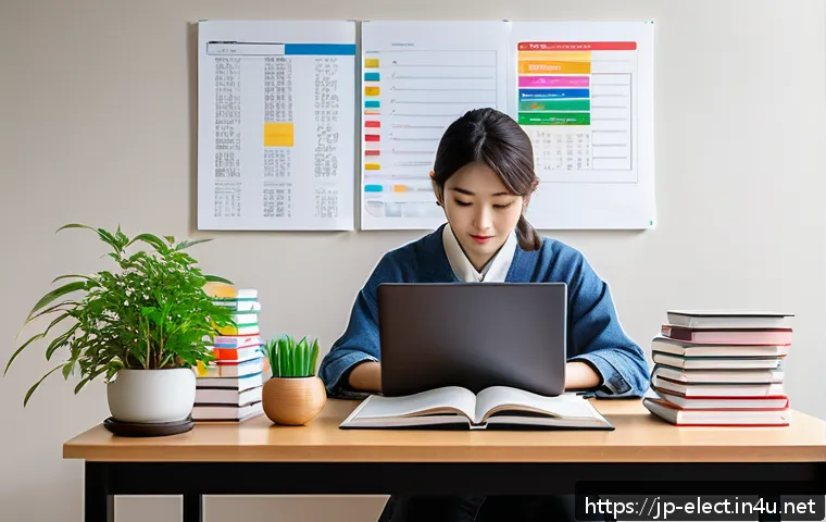 전자기기 자격증 필수 문제집 - A modern Japanese study room scene with a young Japanese adult sitting at a clean desk filled with n...