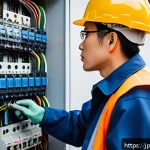 전자기기 자격증 난이도 비교 - A professional Japanese electrician wearing a clean, well-fitted uniform with company logos, safety ...
