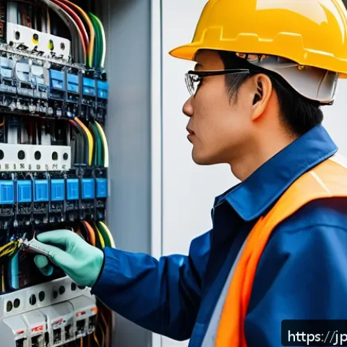 전자기기 자격증 난이도 비교 - A professional Japanese electrician wearing a clean, well-fitted uniform with company logos, safety ...