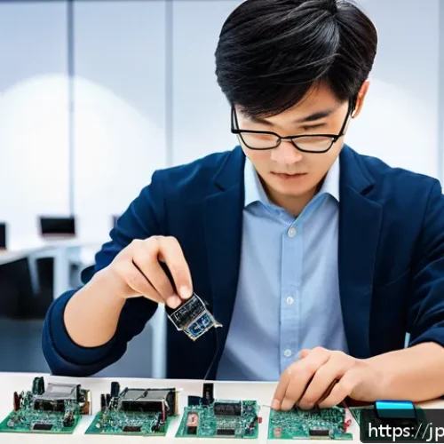 전자기기 관련 현업 사례 인터뷰 - A modern electronics design studio scene showing a Japanese engineer in casual work attire carefully...