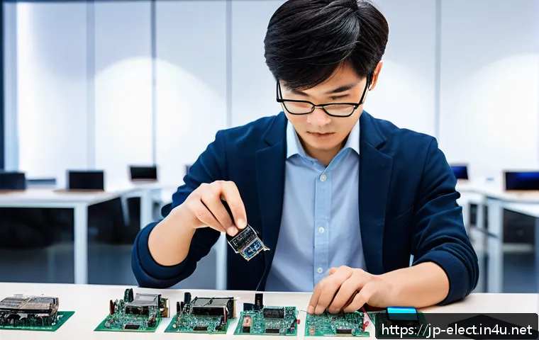 전자기기 관련 현업 사례 인터뷰 - A modern electronics design studio scene showing a Japanese engineer in casual work attire carefully...