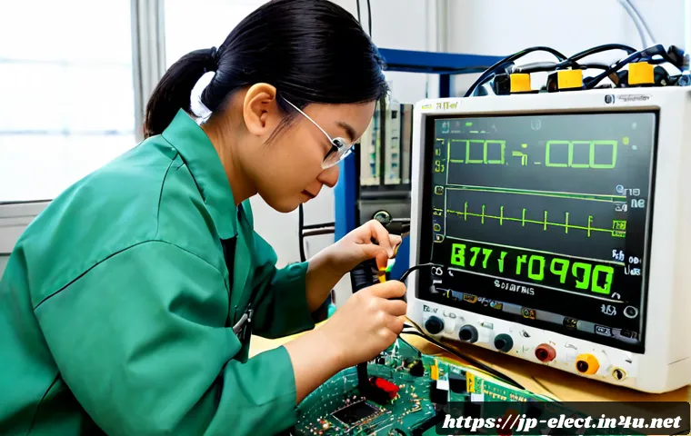 전자기기 자격증 실무 활용 사례 - Photorealistic electronics technician in a clean Japanese manufacturing workshop, wearing safety gla...